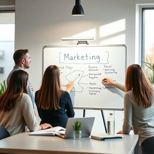 Afbeelding van een marketingstrategie planning sessie met een whiteboard.