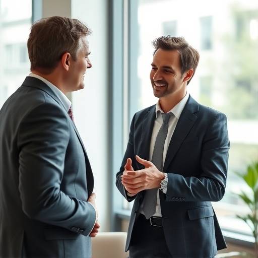 Twee mensen in een zakelijke setting die een gesprek voeren.